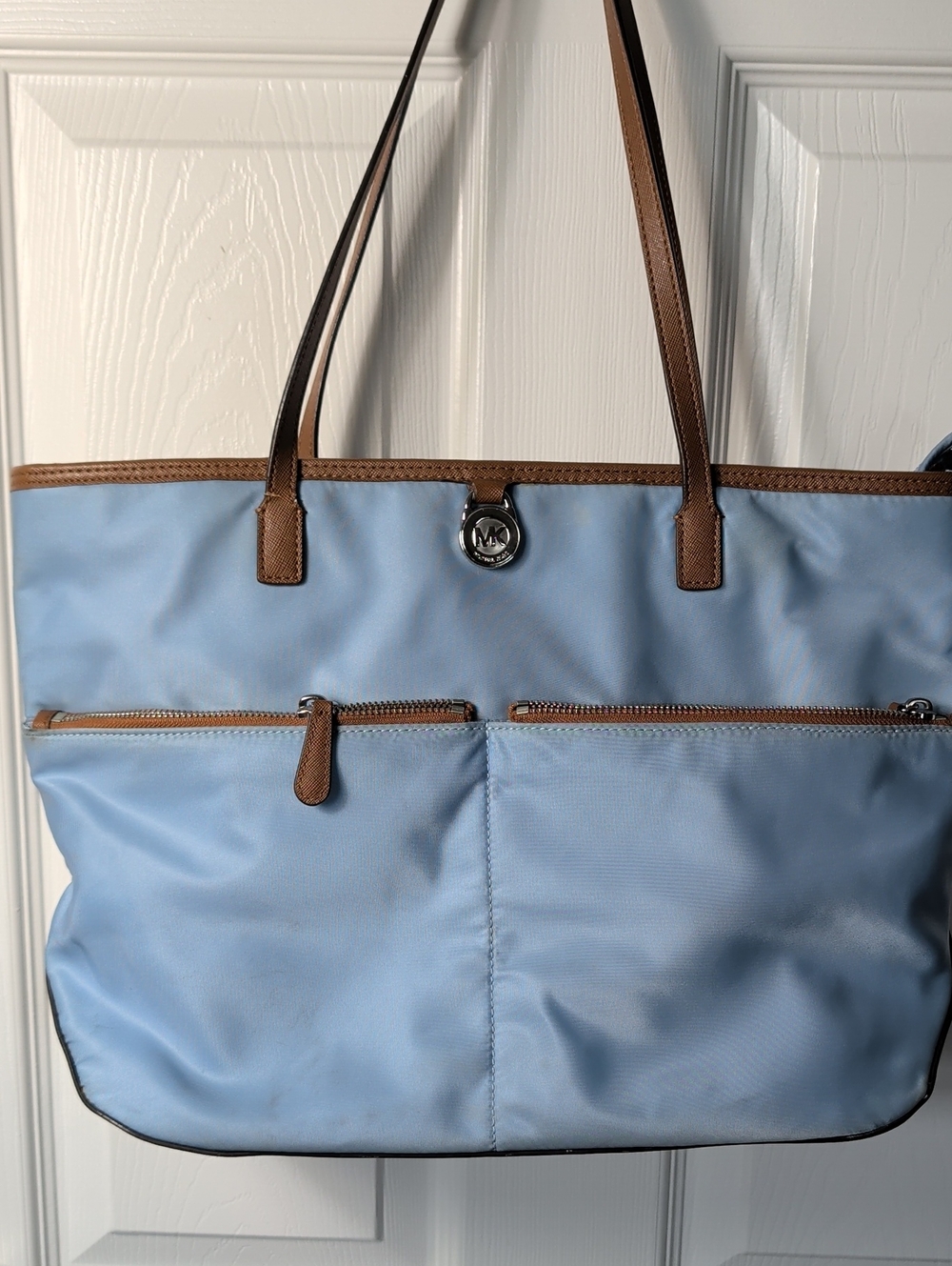 Michael Kors Light Blue Tote with Brown Trim and Front Zips